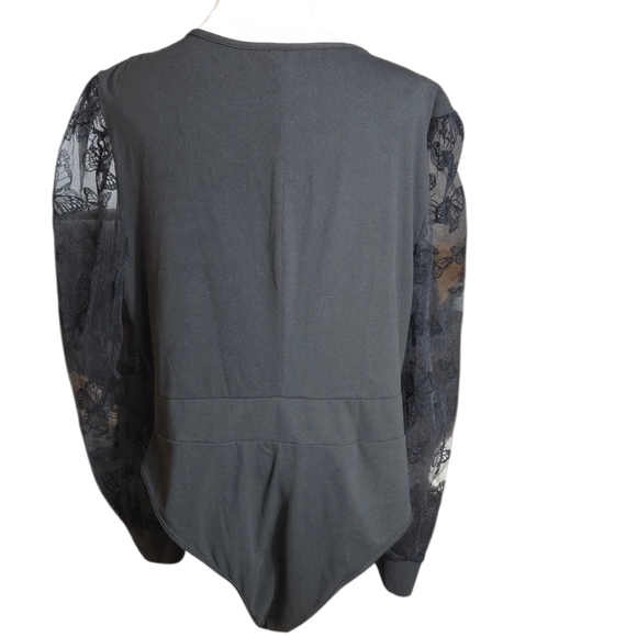 SHEIN Curve Black Low Cut Lace Sleeve Butterfly Bodysuit Plus Size - Picture 5 of 8